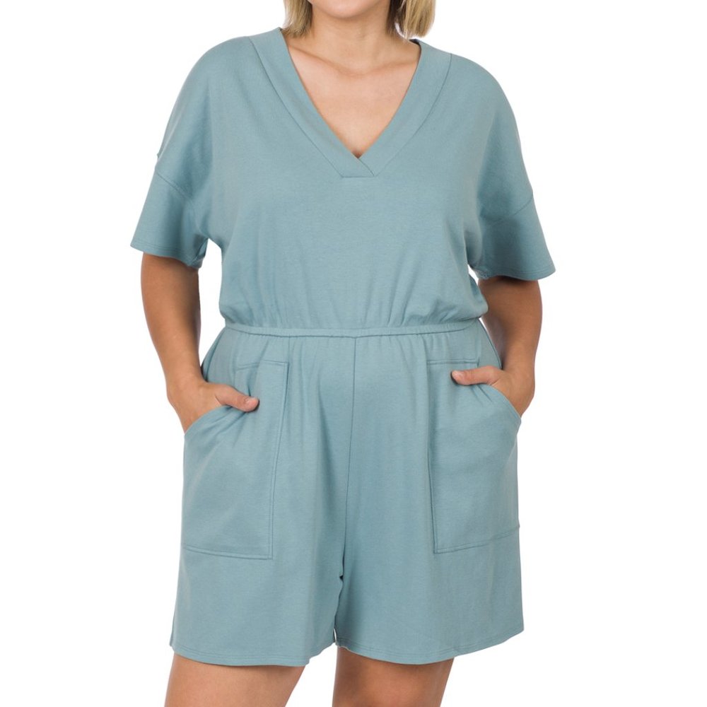 PLUS DROP SHOULDER V-NECK ROMPER WITH POCKETS